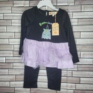 New Toddler 2T Halloween Outfit Long Sleeve Black Dress Shirt Unicorn Top Bottom